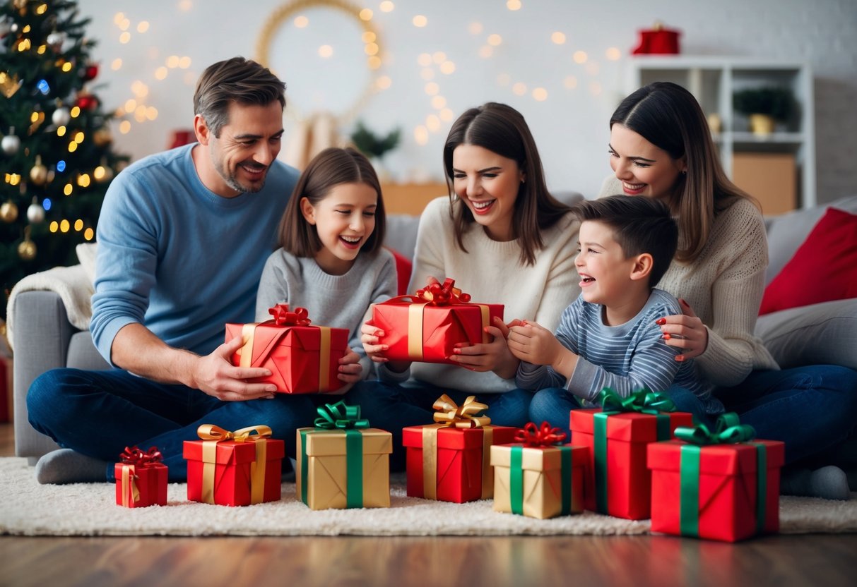 En familie pakker overraskelses adventsgaver op fra findgaven ai smiler og griner sammen i en hyggelig dagligstue